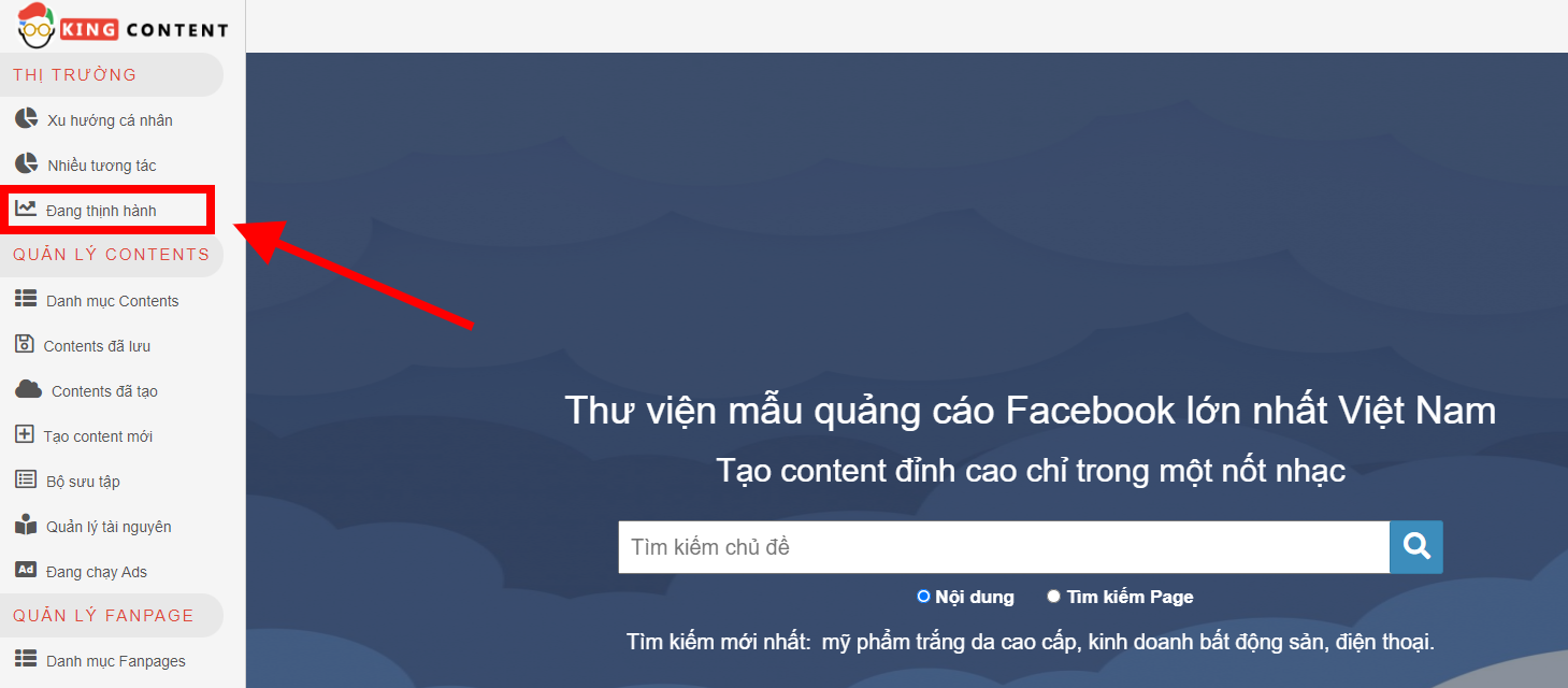 tìm content hot trend kingcontent.pro